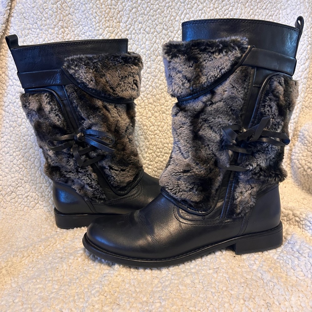 B Makowsky Womens Black Leather Faux Fur Mid-Calf Side Zip Boots Size 9.5